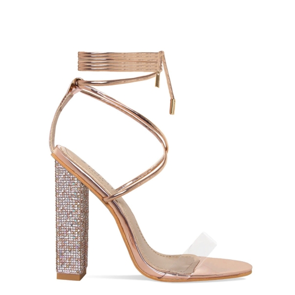 Tula Rose Gold Clear Lace Up Diamante Block Heels