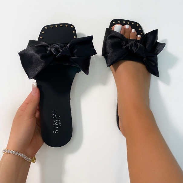 Ailana Black Bow Stud Detail Flat Sandals | SIMMI London