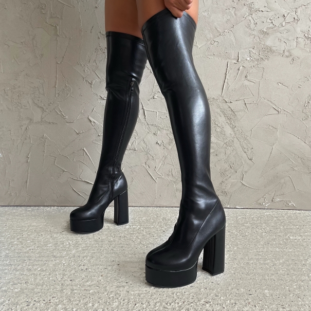 SIMMI Shoes / Teresa Black Platform Block Heel Thigh High Boots