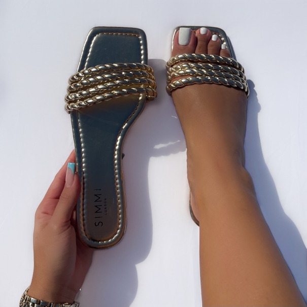 Tinsley Gold Twist Strap Flat Sandals | SIMMI London