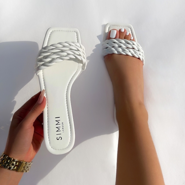 SIMMI Shoes / Tinsley White Twist Strap Flat Sandals