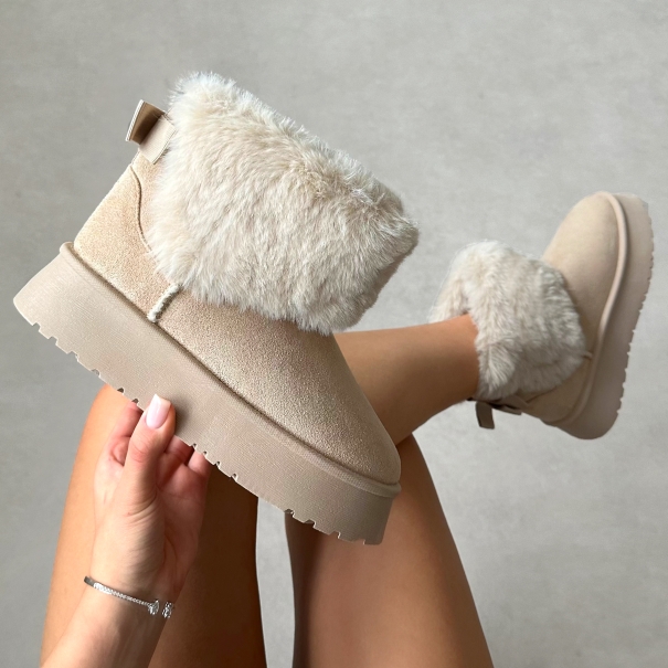 Tomiee Beige Faux Suede Fur Trimmed Ankle Boots | SIMMI London