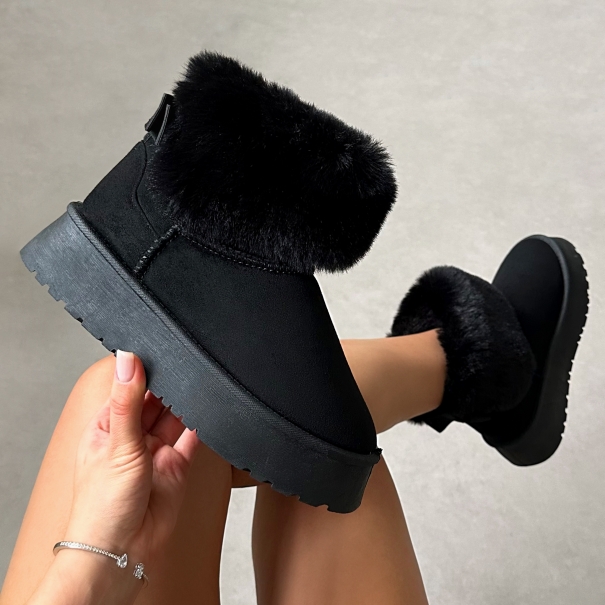 Tomiee Black Faux Suede Fur Trimmed Ankle Boots | SIMMI London
