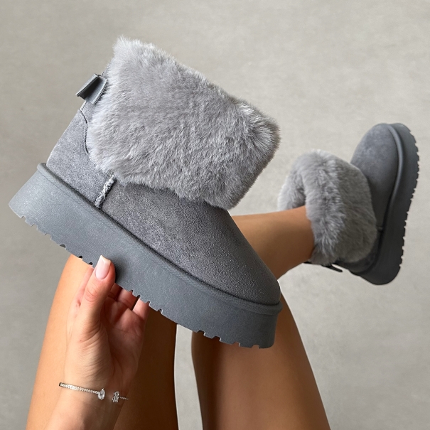 Tomiee Grey Faux Suede Fur Trimmed Ankle Boots | SIMMI London