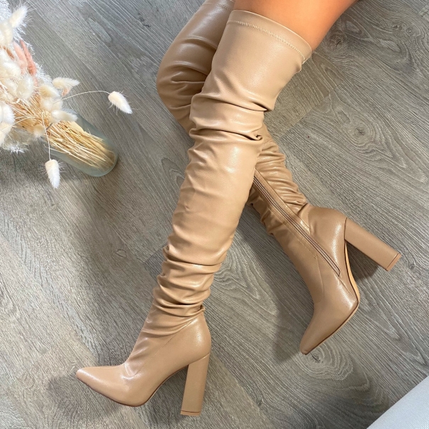 SIMMI SHOES / Toras Dark Nude Block Heel Ruched Thigh High Boots