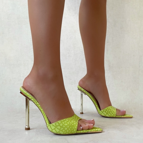 Torez Apple Green Patent Faux Croc Metal Toe Cap Stiletto Heels | SIMMI London
