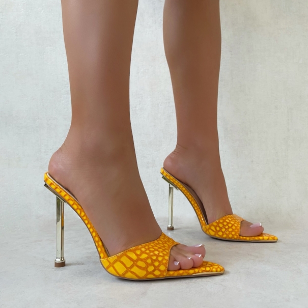 Torez Yellow Patent Faux Croc Metal Toe Cap Stiletto Heels | SIMMI London