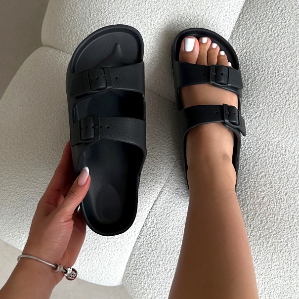 Tropix Black Double Strap Slide Sandals | SIMMI London