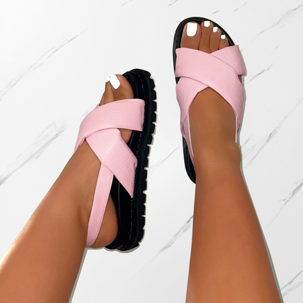 Vaia Pink Embossed Cross Over Flat Sandals | SIMMI London