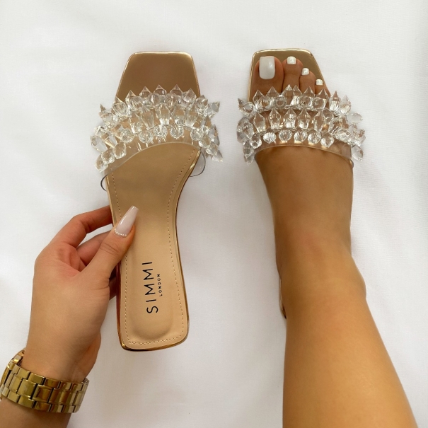 SIMMI LONDON / Venice Rose Gold Mirror Clear Gem Detail Sandals
