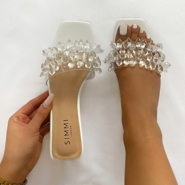 Venice White Patent Clear Gem Detail Sandals | SIMMI London