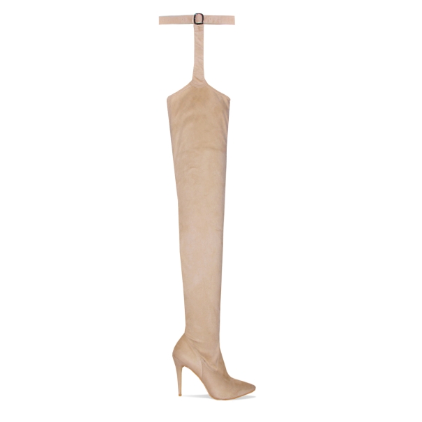 Vicki Nude Suede Belt Thigh High Boots