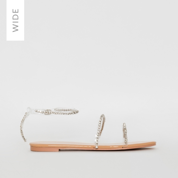 SIMMI SHOES / LOUISA WIDE FIT NUDE PATENT CLEAR DIAMANTE SANDALS
