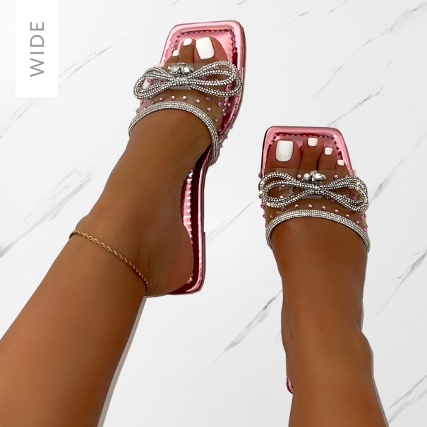 Senga Wide Fit Pink Diamante Bow Flat Sandals | SIMMI London