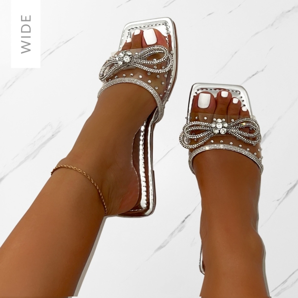 Senga Wide Fit Silver Diamante Bow Flat Sandals | SIMMI London