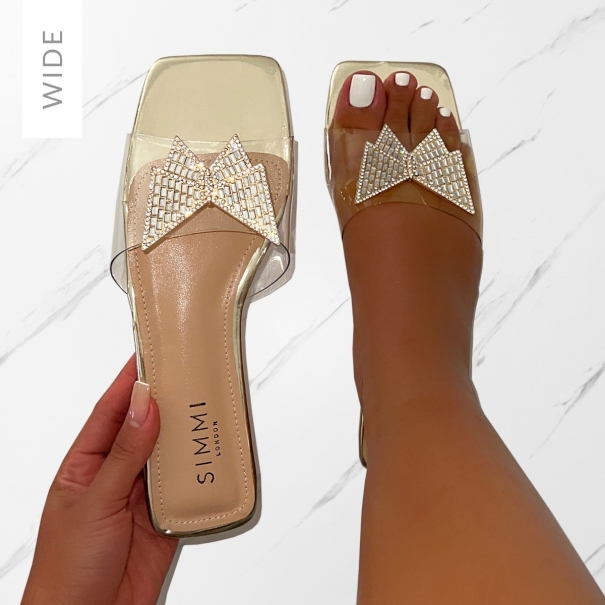 Uma Wide Fit Gold Clear Diamante Butterfly Flat Sandals | SIMMI London