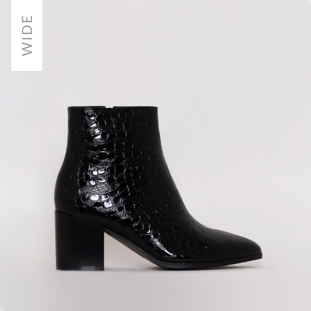 Anya Wide Fit Black Patent Croc Block Heel Ankle Boots