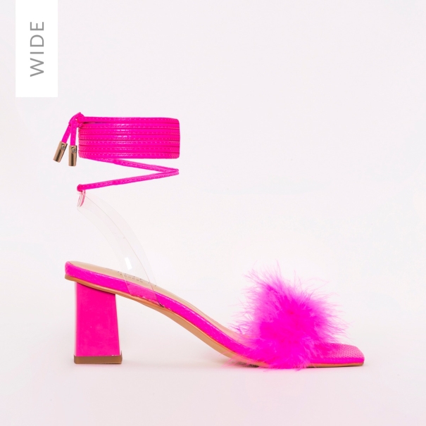 SIMMI SHOES / DAZY WIDE FIT HOT PINK SNAKE PRINT FLUFFY LACE UP MID BLOCK HEELS