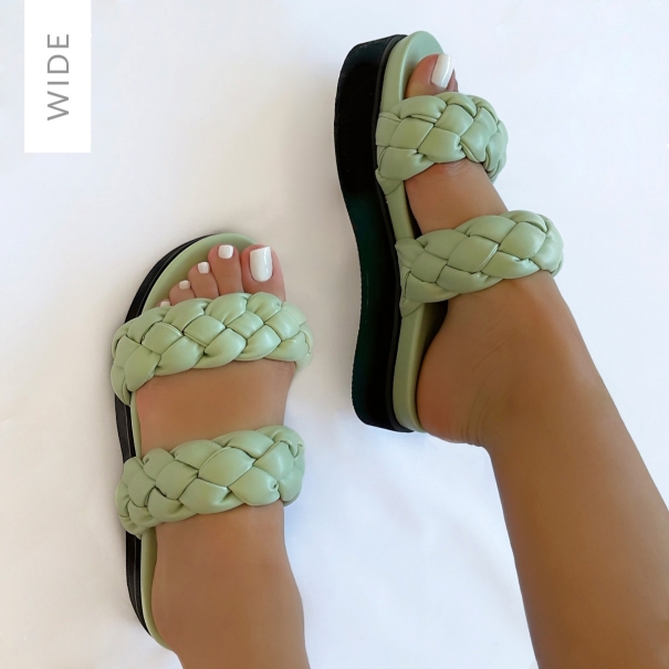Gael Wide Fit Sage Green Two Part Woven Strap Flatform Sandals | SIMMI London