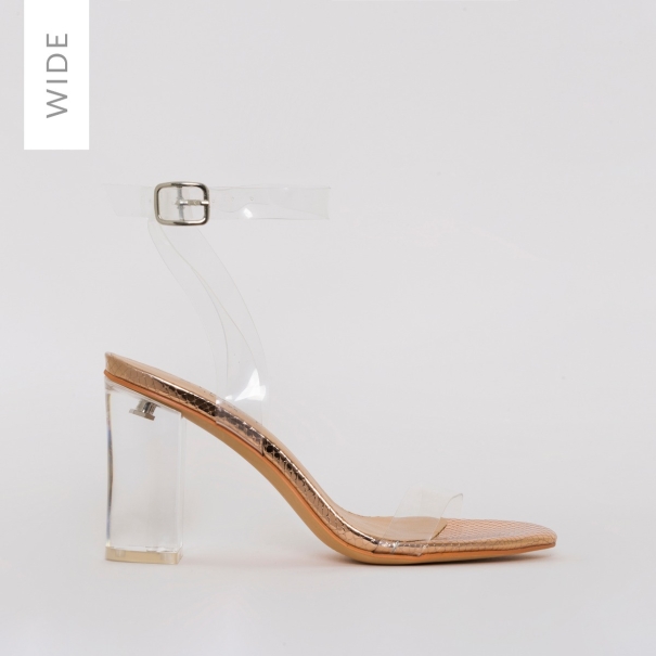 Kimana Wide Fit Rose Gold Snake Print Clear Mid Block Heels