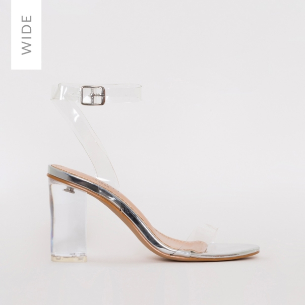 SIMMI SHOES / KIMANA WIDE FIT SILVER CLEAR MID BLOCK HEELS