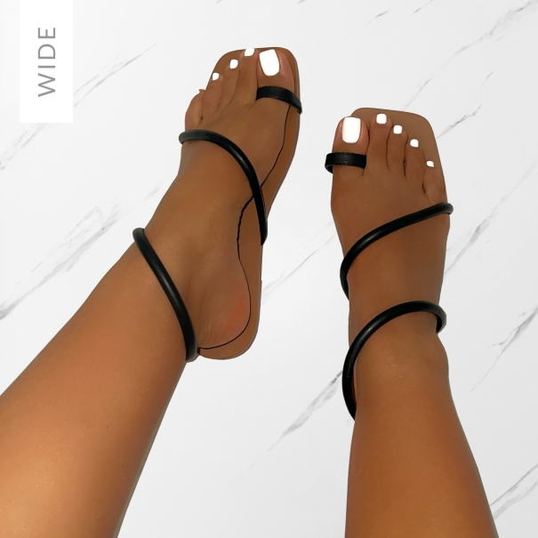 Leif Wide Fit Black Toe Loop Flat Sandals | SIMMI London