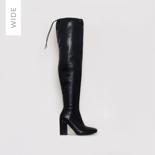 SIMMI SHOES / ROCHELLE WIDE FIT BLACK CROC PRINT THIGH HIGH BOOTS