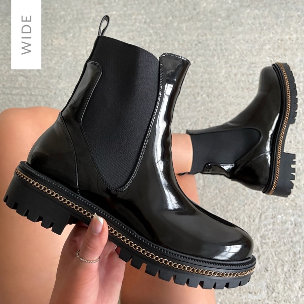 Kenna Wide Fit Black Patent Chain Ankle Boots | SIMMI London