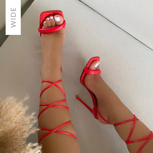 SIMMI SHOES / Paisley Wide Fit Red Woven Padded Strap Lace Up Heels