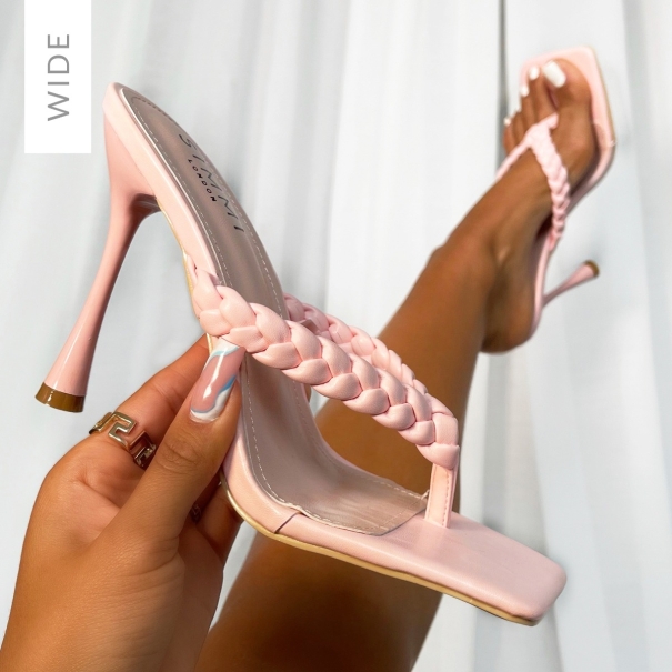 Amina Wide Fit Pink Plaited Toe Thong High Heel Mules | SIMMI London
