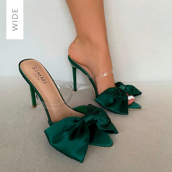 Joy Wide Fit Emerald Green Satin Bow Stiletto Mules | SIMMI London