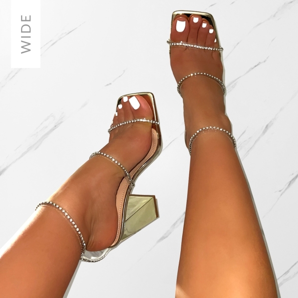 Issy Wide Fit Gold Mirror Diamante Block Heels | SIMMI London
