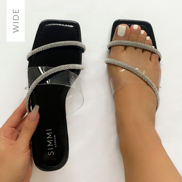 SIMMI Shoes / Madelyn Wide Fit Black Patent Clear Diamante  Strap Sandals