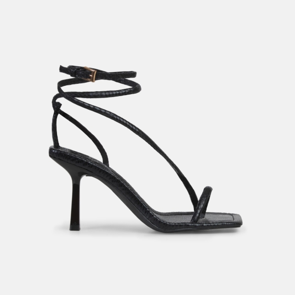 Xylia Black Faux Snake Print Strappy Mid Heels | SIMMI London