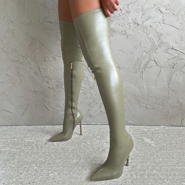 Zahra Olive Green Stretch Pointed Toe Thigh High Boots | SIMMI London