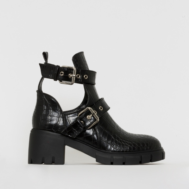 Zelda Black Croc Print Cut Out Chunky Ankle Boots