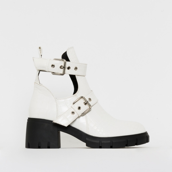 SIMMI SHOES / ZELDA WHITE CROC PRINT CUT OUT CHUNKY ANKLE BOOTS