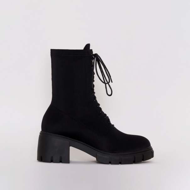 SIMMI SHOES / BRIANA BLACK LYCRA LACE UP ANKLE BOOTS