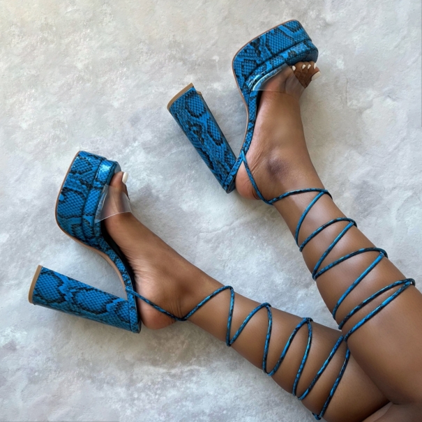 Zenith Cobalt Blue Faux Snake Print Clear Lace Up Platform Block Heels | SIMMI London