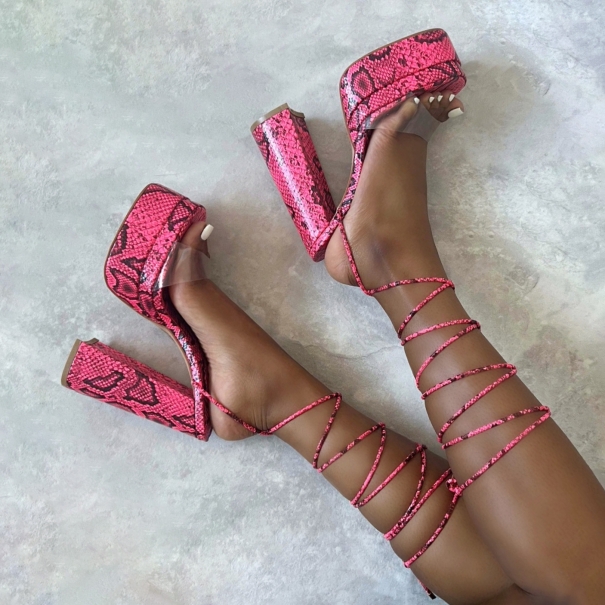 Zenith Pink Clear Faux Snake Print Lace Up Platform Block Heels | SIMMI London