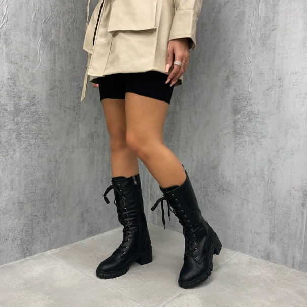 SIMMI SHOES / ZERRIN BLACK PU LACE UP BUCKLE MID CALF BOOTS