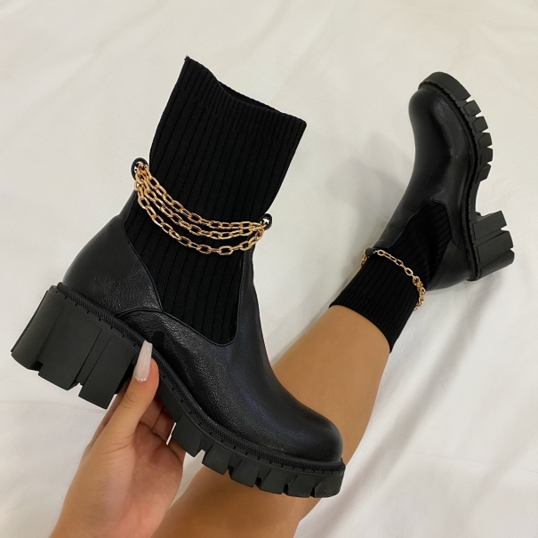 SIMMI LONDON / Zest Black Chain Knitted Chunky Chelsea Boots