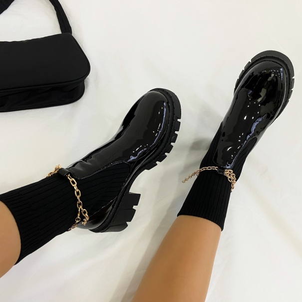 SIMMI SHOES / Zest Black Patent Chain Knitted Chunky Chelsea Boots