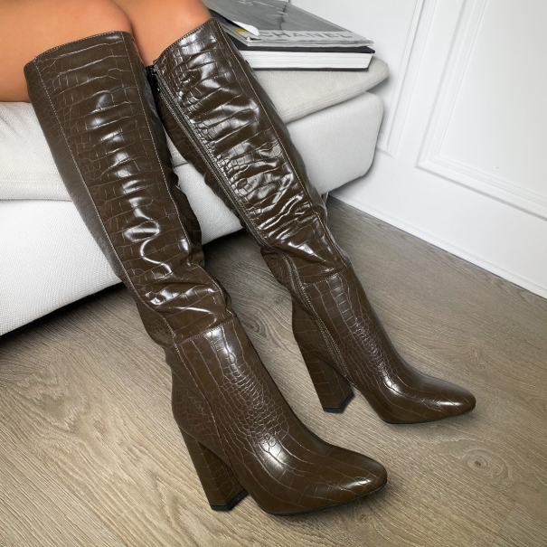 SIMMI SHOES / Zoras Khaki Faux Croc Print Block Heel Over The Knee Boots