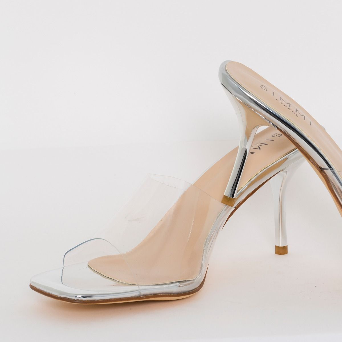Elise Wide Fit Silver Clear Mid Heel Mules