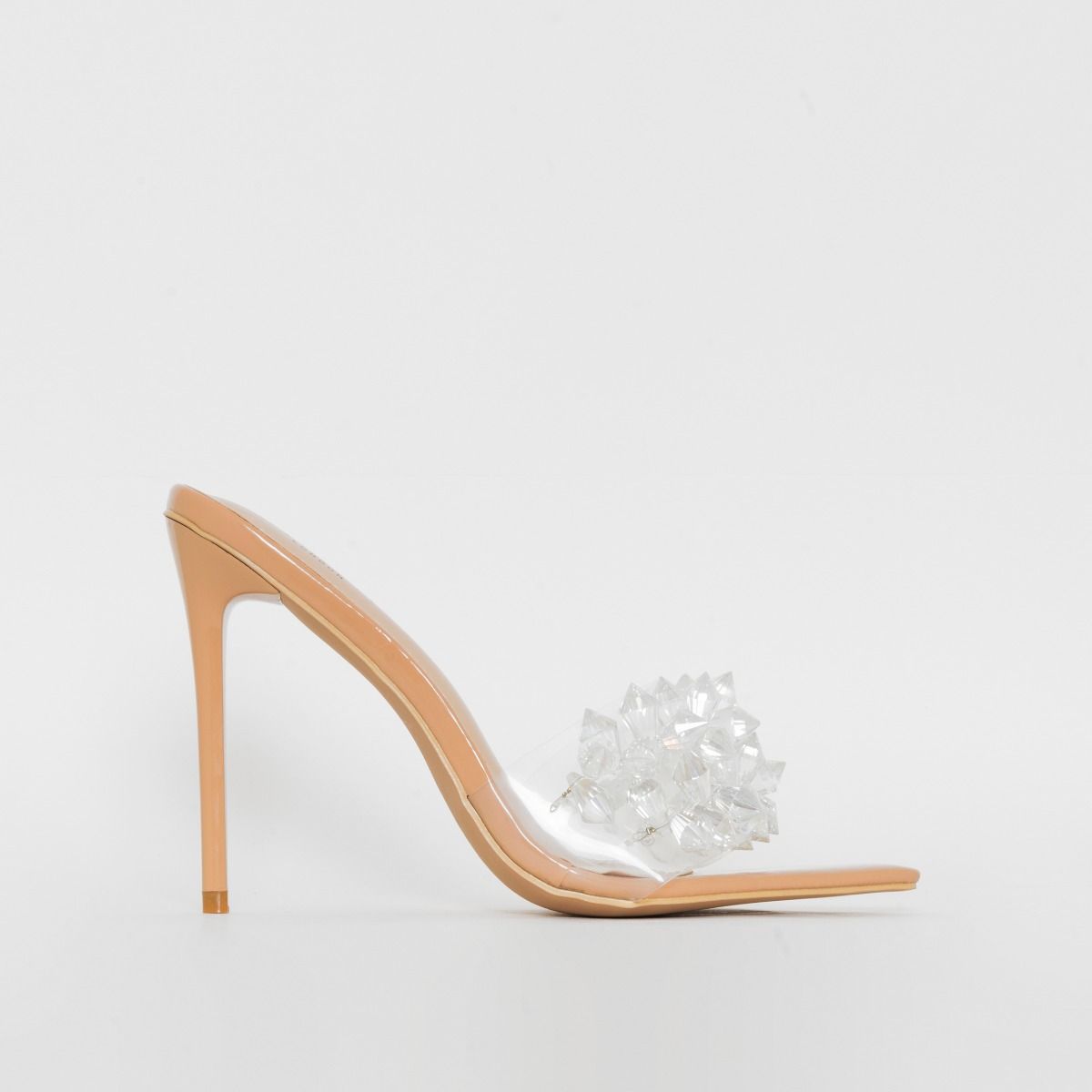 Cindy Nude Patent Clear Crystal Stiletto Mules
