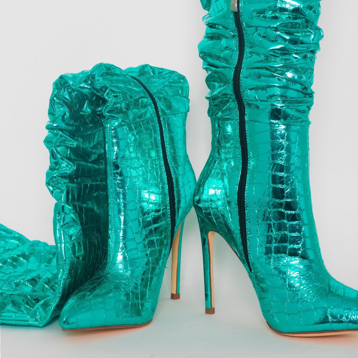 Clermont Twins Baddie Green Metallic Faux Croc Print Thigh High Boots
