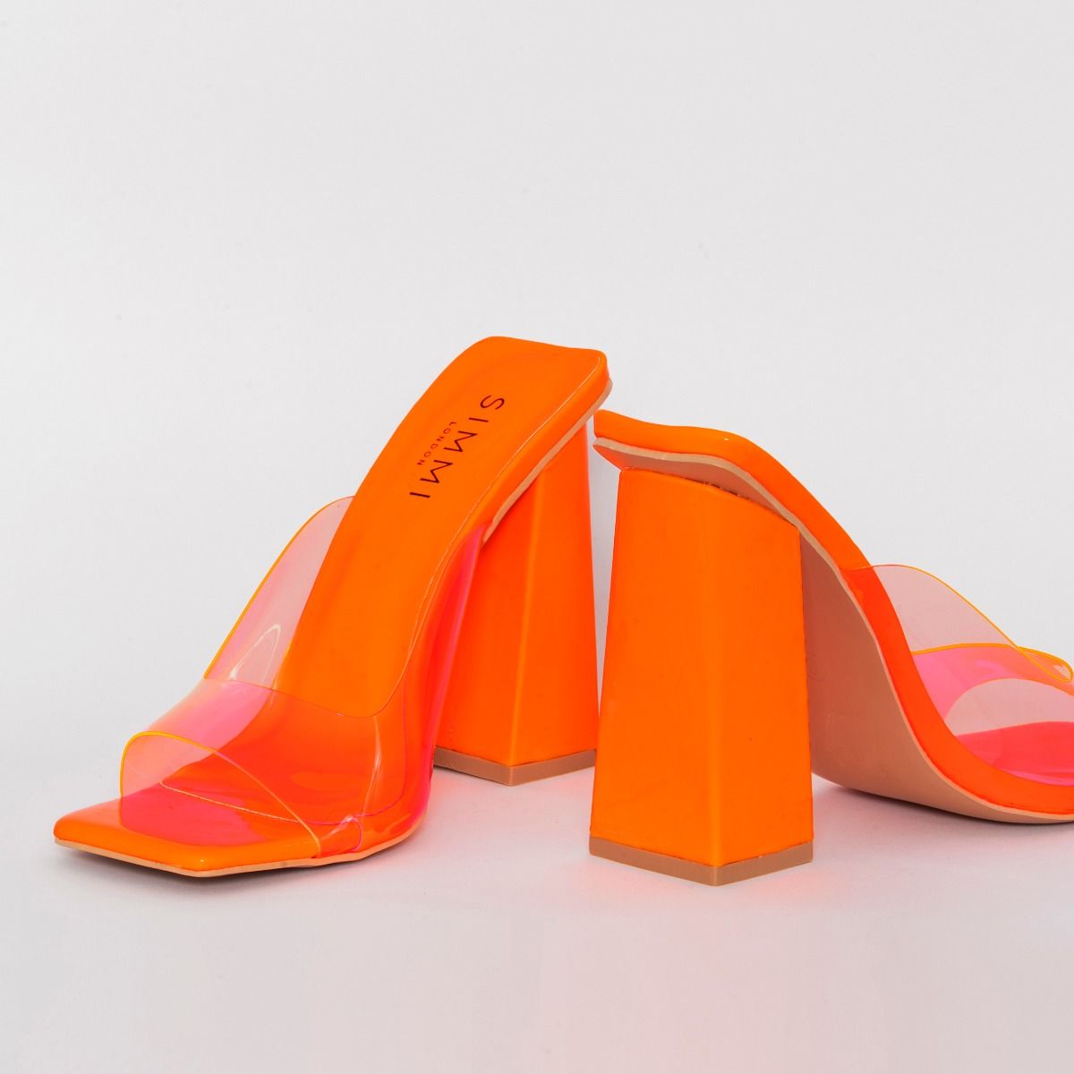 Clermont Twins Plastik Neon Orange Clear Block Heel Mules