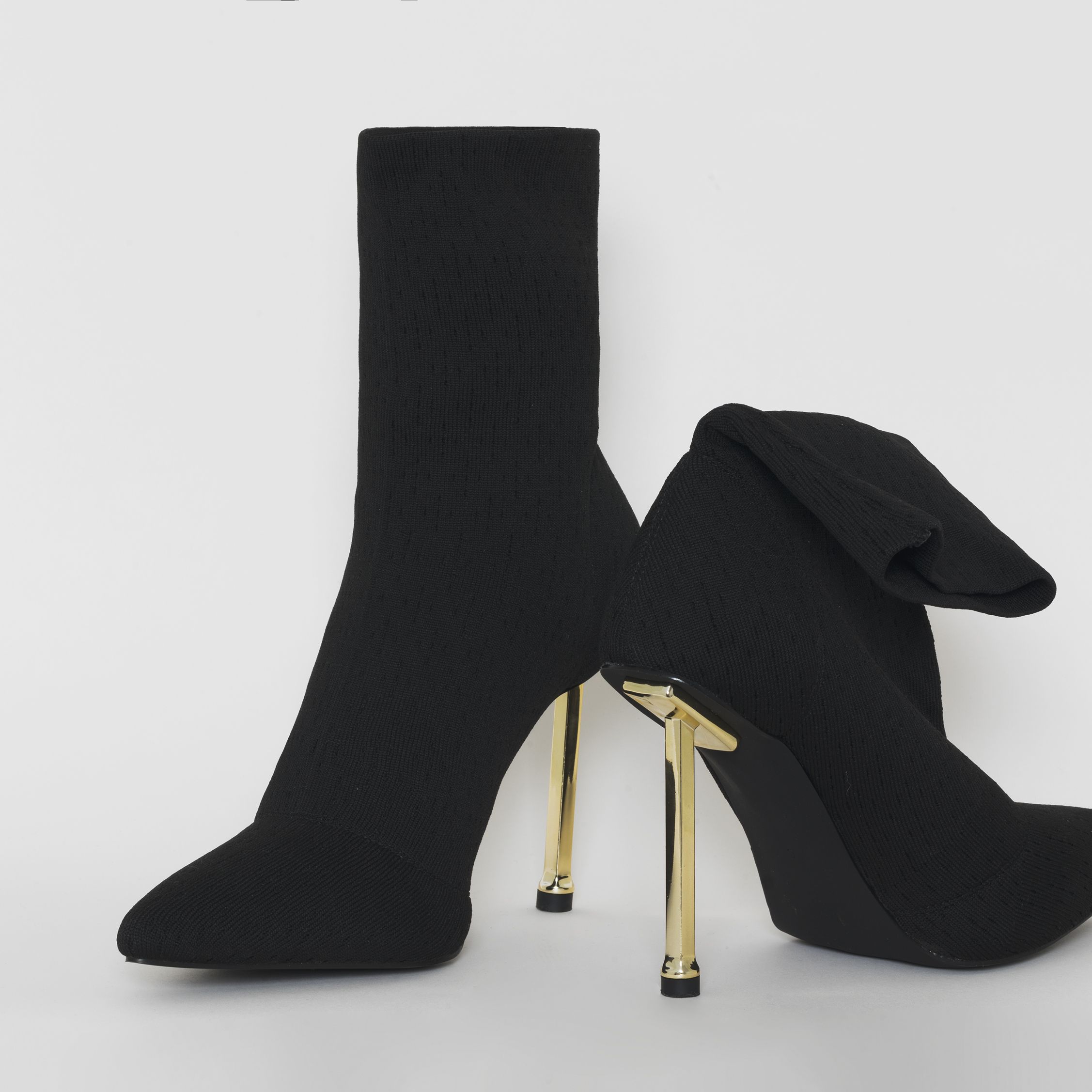 Shae Black Stretch Lycra Gold Heel Ankle Boots