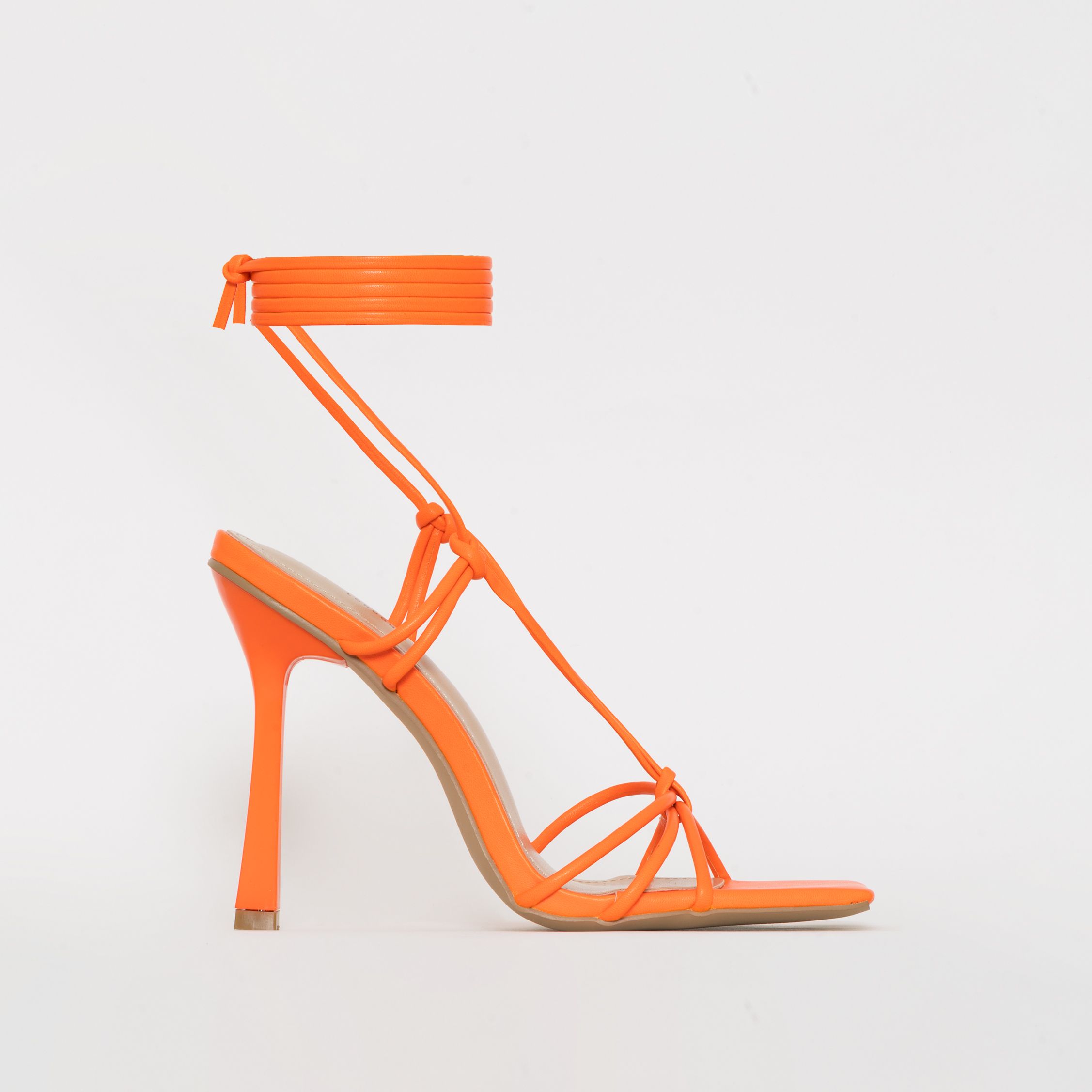 Flame Neon Orange Strappy Lace Up Square Toe Stiletto Heels